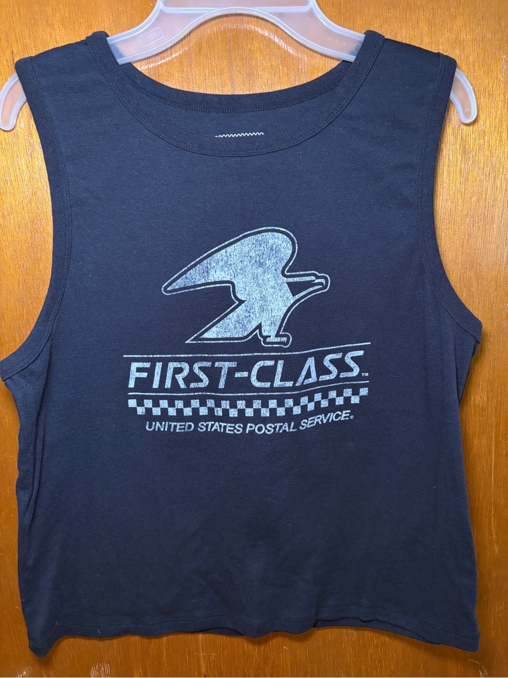 Hybrid Apparel Black Crop Tank Top with White Postal First-Class Graphic
